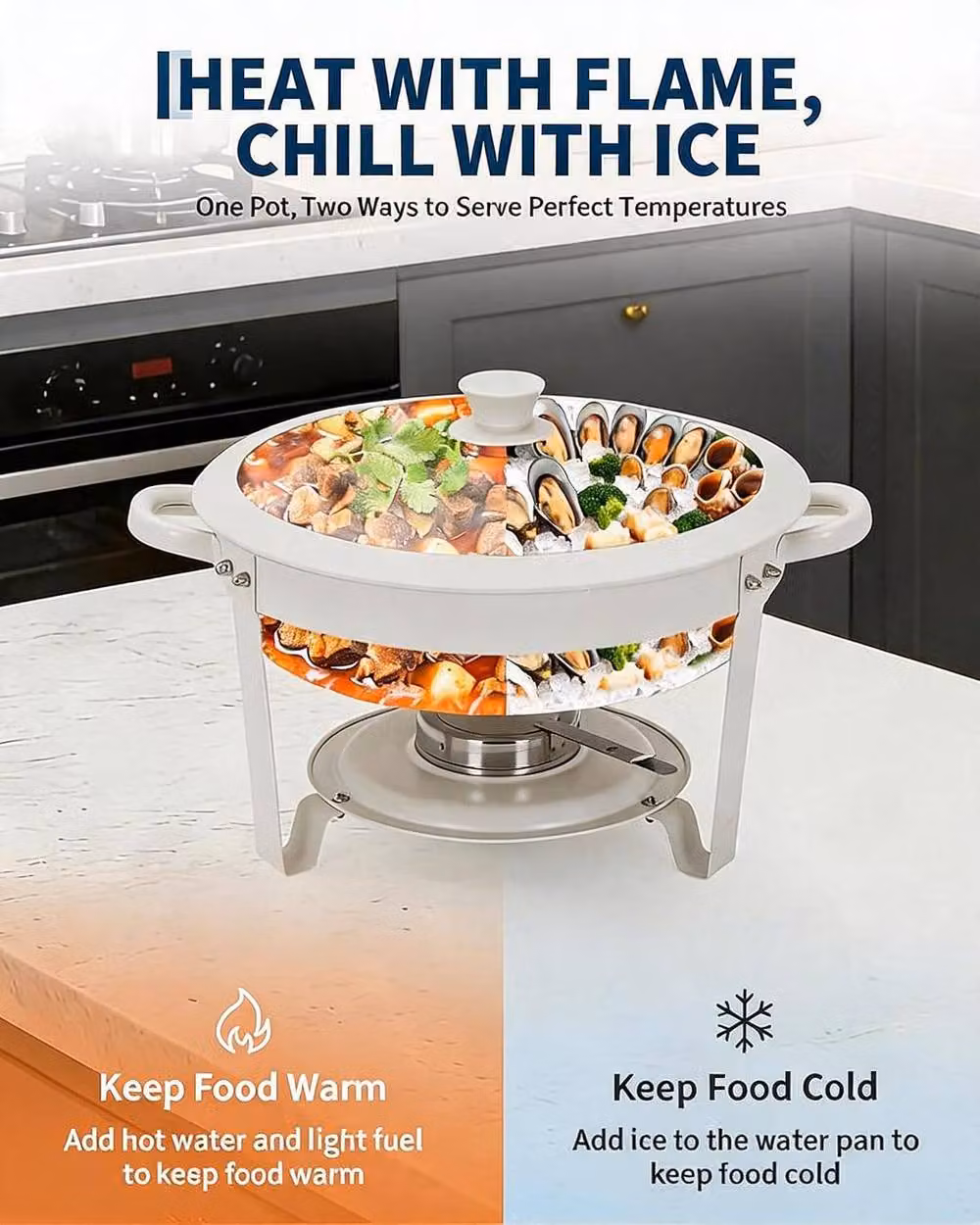 London Boutique White Maifanite-Coated Round Chafing Dish Buffet Food Warmers Set, 5L Capacity, 4 Pack – 3