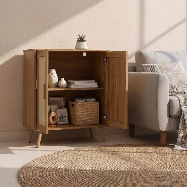 KORVIXA Rustic Wooden Storage Cabinet with Rattan Hinged Doors, Brown, W/D/H: 89.0 x 75.0 x 40.0 cm – 1
