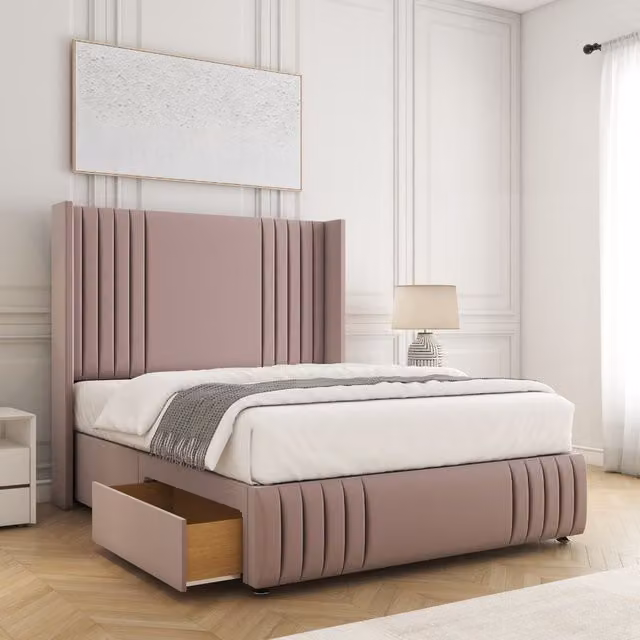 BSSPOKE Peyton Small Double Divan Bed with 54 inch Velvet Headboard and 2 Drawers in Pink