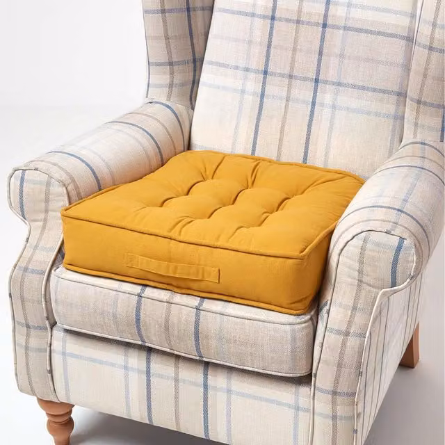 Homescapes Mustard Armchair Booster Cushion with Cotton Cover, W/D/H: 50 x 50 x 10 cm – 1