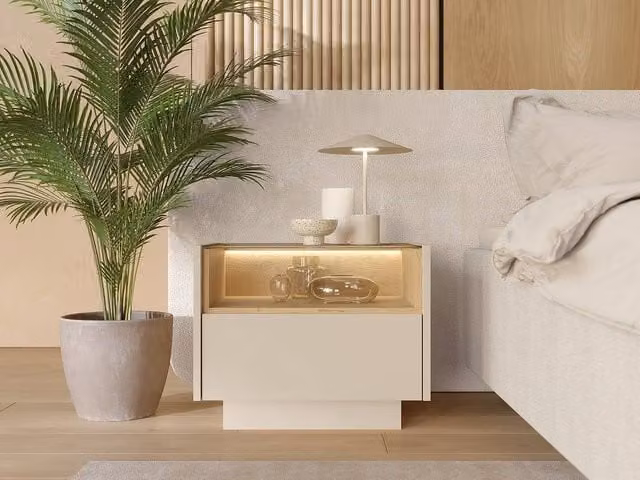 Vente-unique Modern Beige Oak Bedside Table with Integrated LED Lighting, 1 Drawer and 1 Open Niche, W/D/H: 39.5 x 3.0 x 53.4 cm