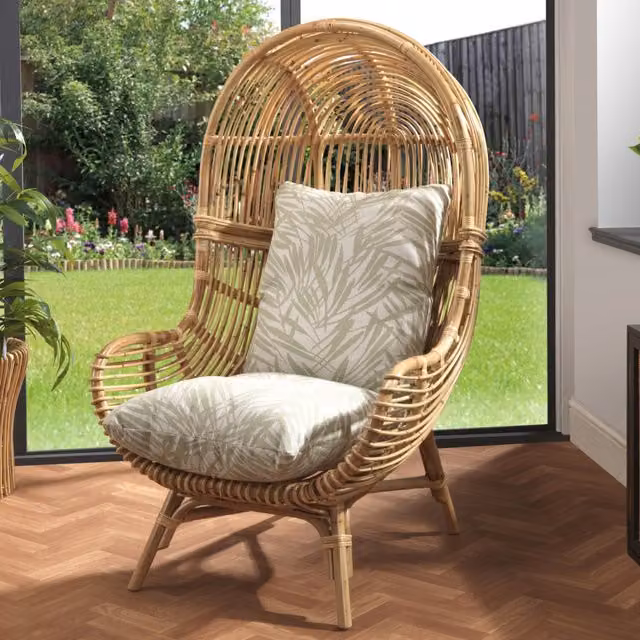 Desser Loft Egg Indoor Rattan Lounge Chair in Tropical Floral Green, Yellow and Brown