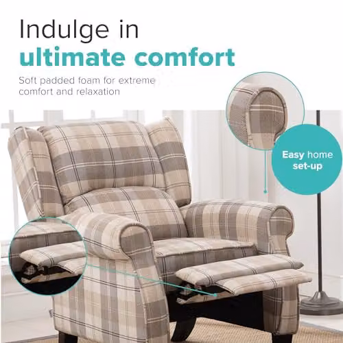 More4Homes Eaton Wing Back Fireside Check Fabric Pushback Recliner Armchair in Beige, W/D/H: 102.0 x 79.5 x 88.0 cm – 2