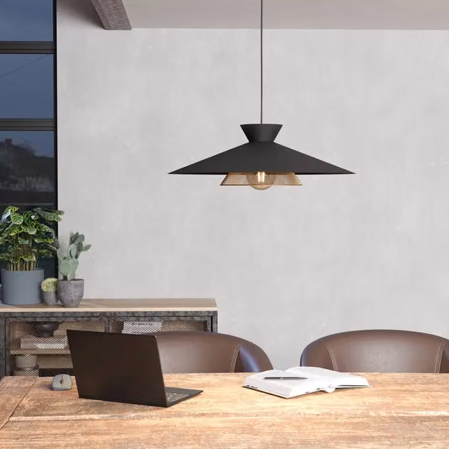 Eglo Grizedale Suspended Pendant Light in Black Metal with Brass Accents