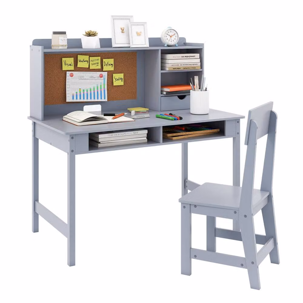 CASART Kids Wooden Study Table and Chair Set with Hutch and Shelves in Grey – 2