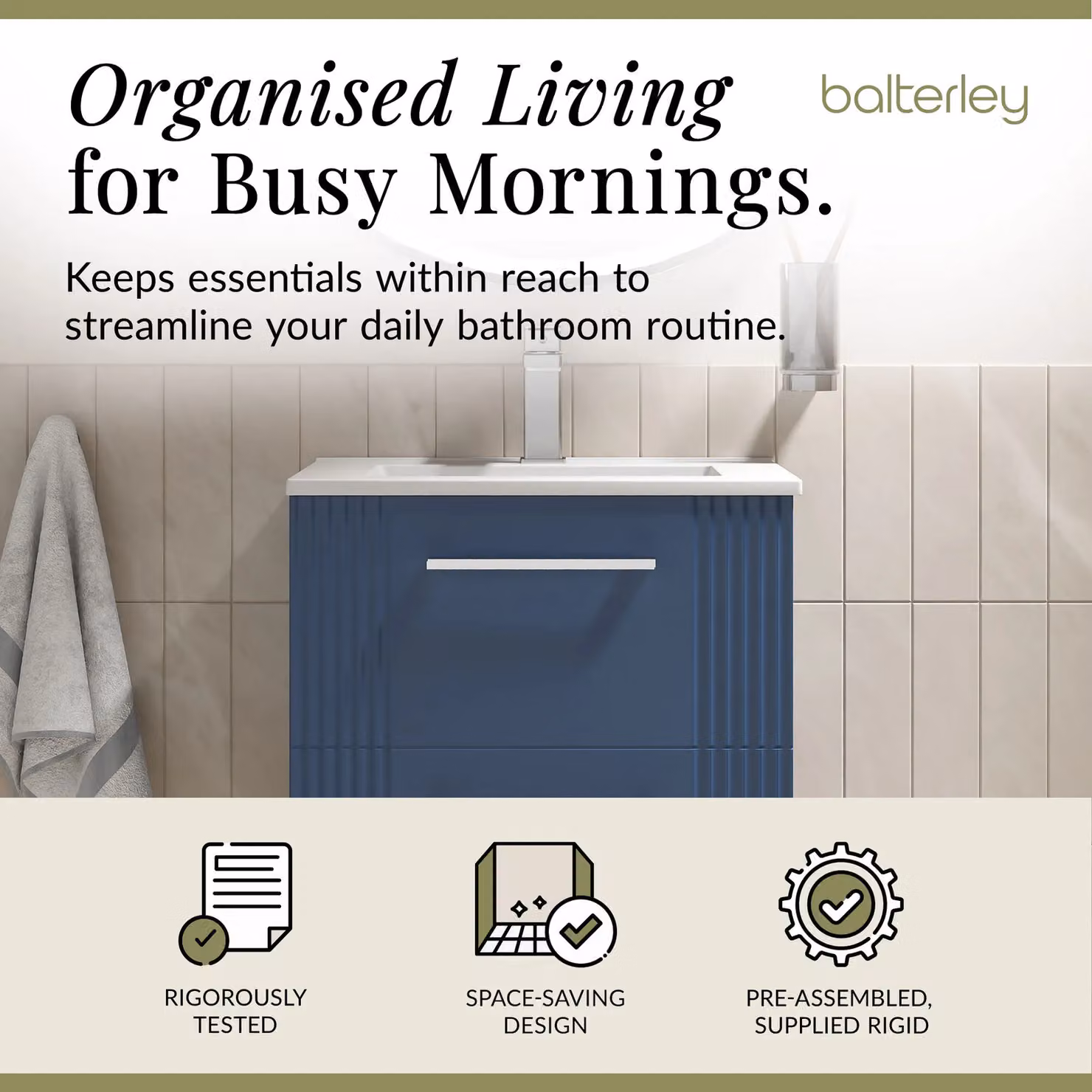 Balterley Wall Hung 2 Drawer Vanity Unit with Minimalist Basin, Satin Blue – 2