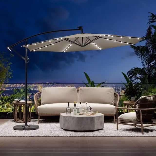 Breeins Beige Polyester Parasol with 32 LED Lights and Fillable Base