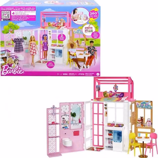 Mattel Barbie Dollhouse in Pink with 2 Levels and 4 Play Areas, W/D/H: 75.0 x 60.0 x 70.0 cm