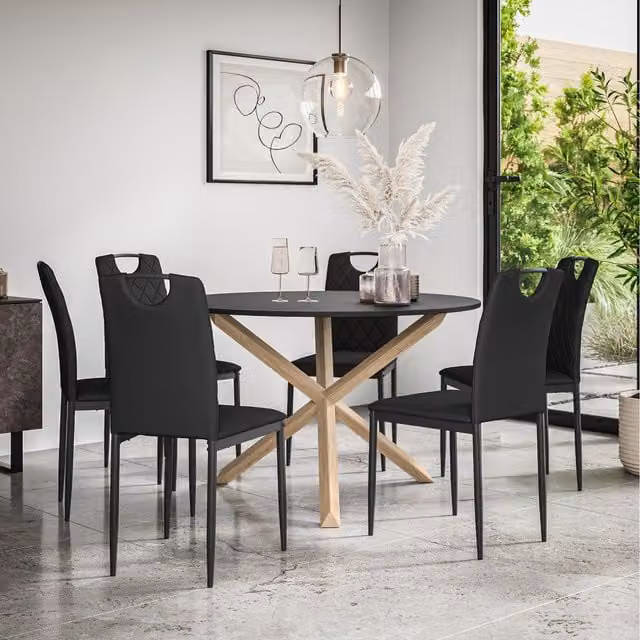More4Homes Malvern Round Black Dining Table with 6 Monza Faux Leather Chairs and Oak Legs, Diameter: 120 cm, Height: 75 cm
