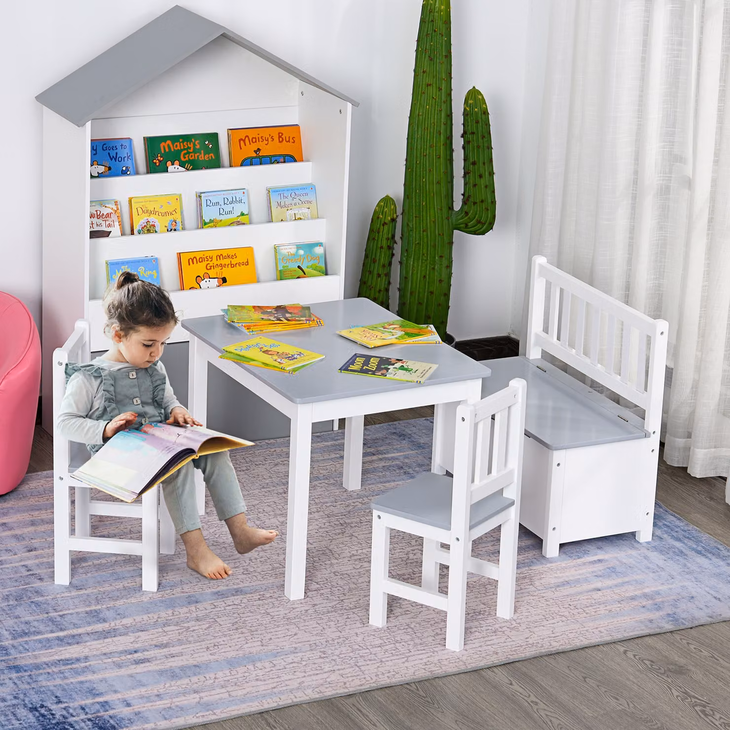 HOMCOM 4-Piece Kids Table Set with 2 Chairs and 1 Storage Bench in Grey and White – 2