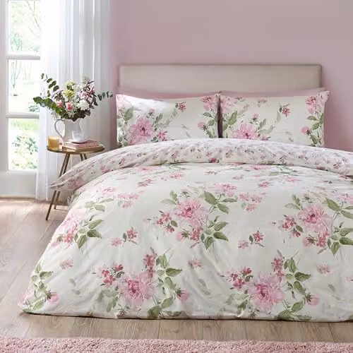 Catherine Lansfield Avebury Floral Reversible King Duvet Cover and Pillowcase Set in Beige – 1