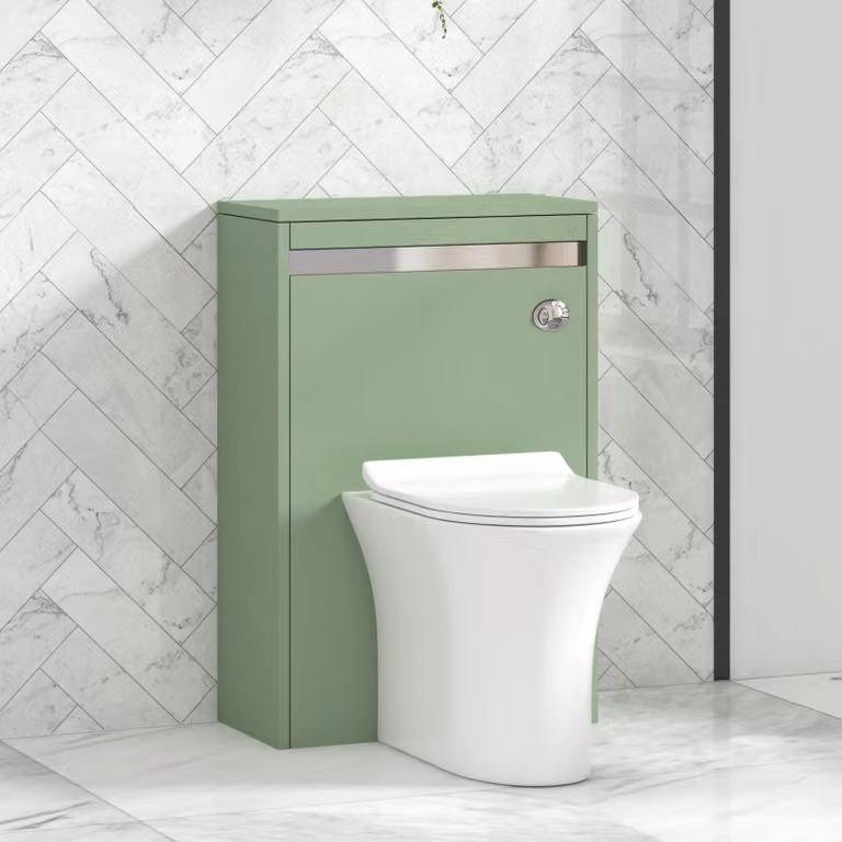 Royal Bathrooms Orion Wall Mounted Mint Sage WC Unit with White Ceramic Breeze Rimless Toilet Pan, Slim Soft Close Seat and Cistern with Chrome Accent Trim, Width: 54 cm