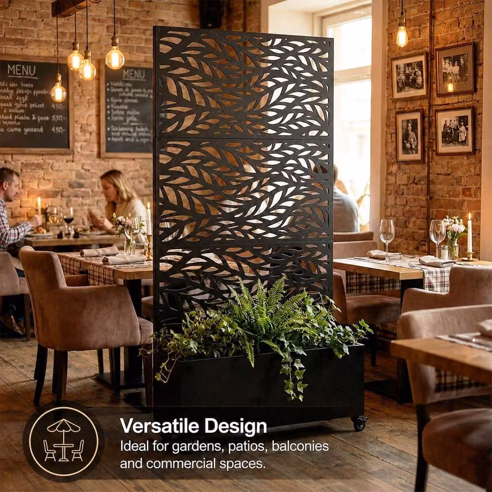 Nicoman Metal Indoor Outdoor Privacy Screen with Plant Pot, Leaf Pattern, Black, H 180 x W 90 x D 40 cm – 3