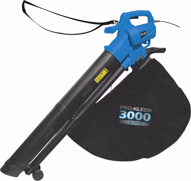Pro-Kleen Corded Leaf Blower and Vacuum Shredder Mulcher with 2 x 35L Bags in Black and Blue