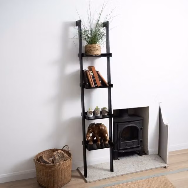 Elegant Brands Sennen 4 Tier Black Wooden Ladder Leaning Bookshelf, H 180 x W 34 x D 36.5 cm – 1