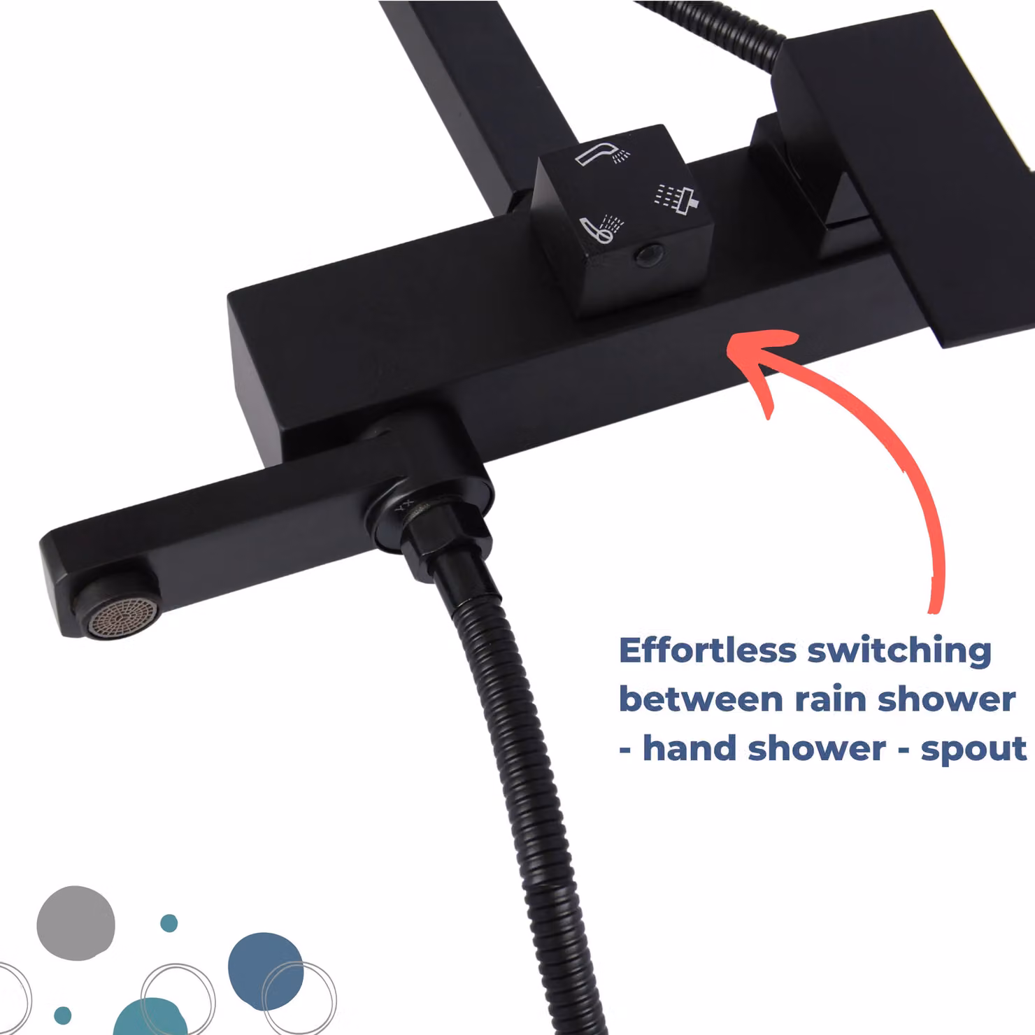 Novecrafto Modern Shower Mixer Set in Matt Black with Rainfall Overhead Shower, Handheld Shower and Wall Bar – 4