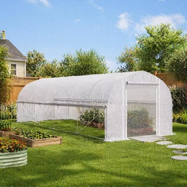 STILVORA White Polytunnel Greenhouse with 8 Windows, W: 595 cm, D: 300 cm, H: 200 cm