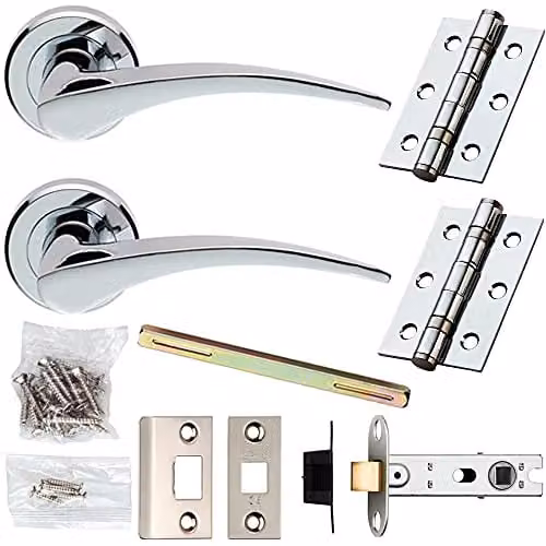 Loops Door Handle and Latch Pack in Chrome with Straight Tapered Bar and Screwless Round Rose
