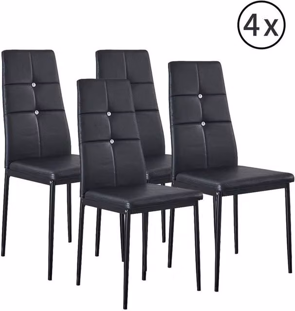 FLAVORA Set of 4 Black Faux Leather Dining Chairs with Metal Legs