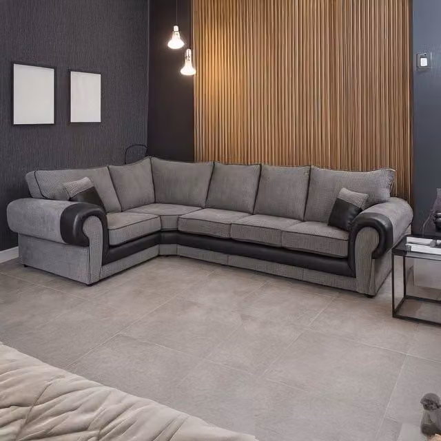 Furnishings For Less UK Portland 5 Seater L Shaped Corner Sofa in Grey Fabric and Synthetic Leather, Left Hand Facing – 1