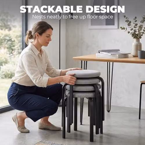HOMCOM Set of 4 Modern Stackable Cushioned Stools in Grey – 5
