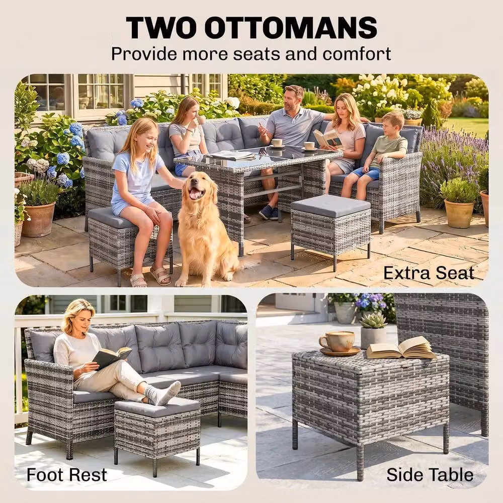 ERGOVEXA 8-Seater L-Shape Patio Wicker Sofa Set in Grey with Polyrattan Design, Ottoman and Coffee Table – 6