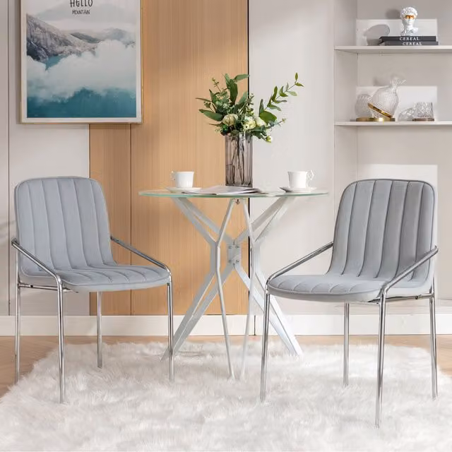 Home Touch Interiors Set of 6 Grey Velvet Upholstered Dining Armchairs with Silver Steel Armrests and Wood Accents