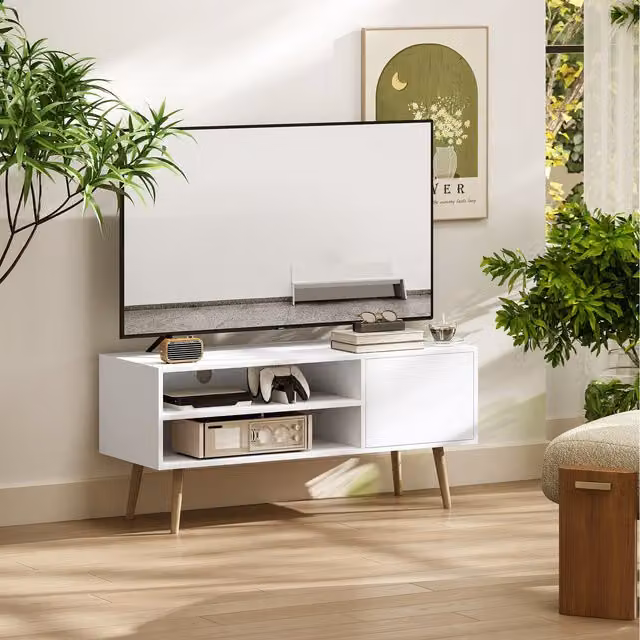 HOMCOM Mid-Century TV Stand Cabinet with Cable Management in White
