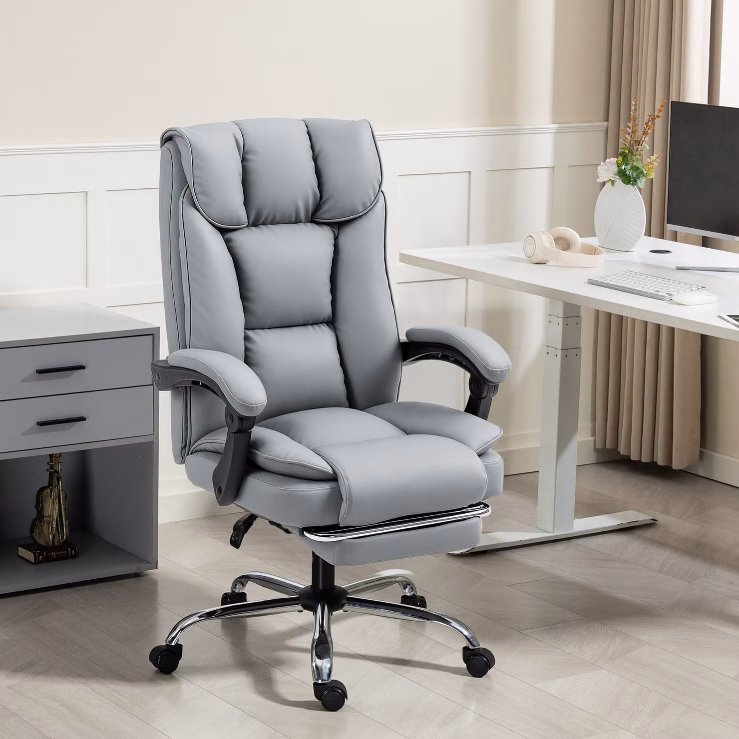 HOMCOM Black and Grey Faux Leather Executive Swivel Office Chair with Headrest and Armrests – 5