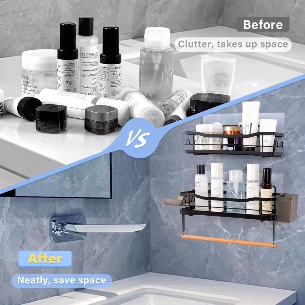 NESTLUNE Set of 2 Self-Adhesive Black Bathroom Shower Shelves with Soap Dish and Toothbrush Holder – 4