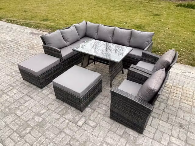 Fimous Outdoor Rattan Garden Furniture Set in Dark Grey with Corner Sofa, Oblong Dining Table, 2 Armchairs and 2 Footstools