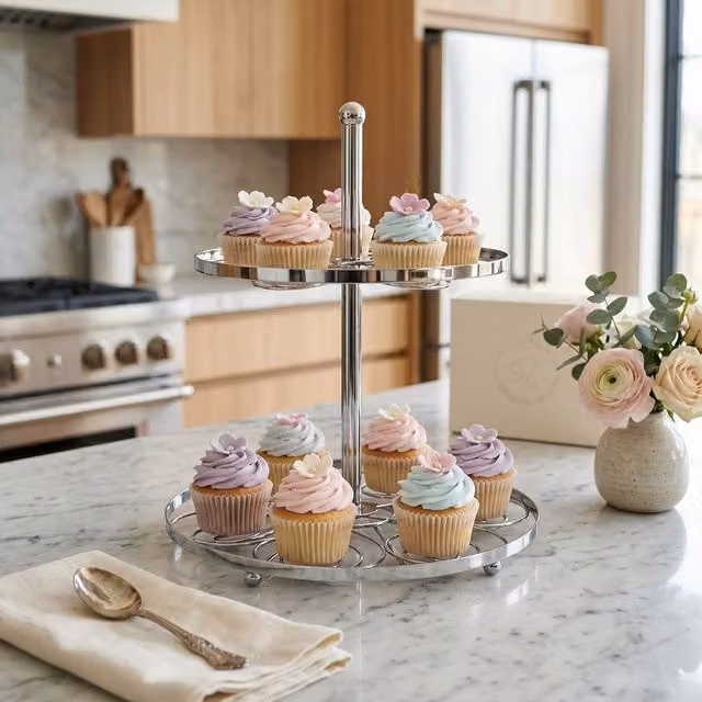Orsina Swirl 2 Tier Round Stainless Steel Cake Stand in Silver – 2