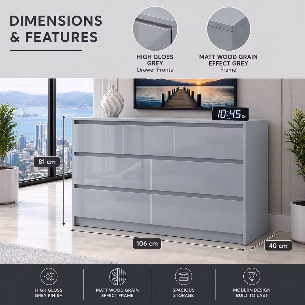 Harmin Luxury Grey High Gloss 7 Drawer Handleless Chest of Drawers – 2