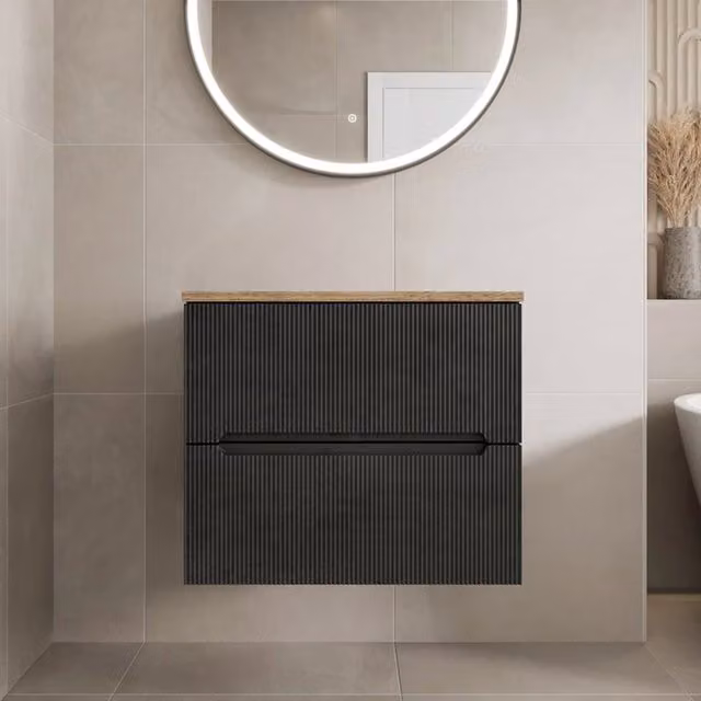 Bathwell Fluted Wall Hung Bathroom Vanity Unit with Marble Top in Black