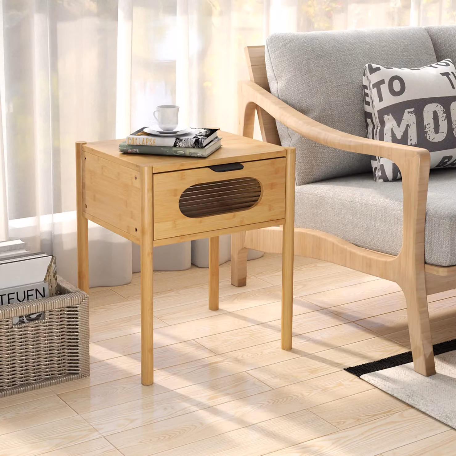 Gymax Natural Bamboo Bedside Table with Tempered Glass Drawer and Square Design – 3