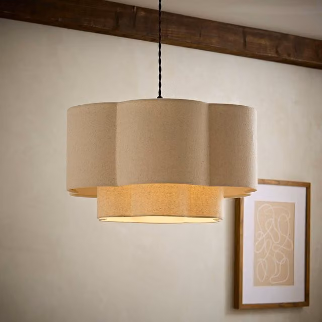 ValueLights Nora 2 Tier Linen Scallop Easy Fit Pendant Ceiling Lamp Shade and Bulb in Beige