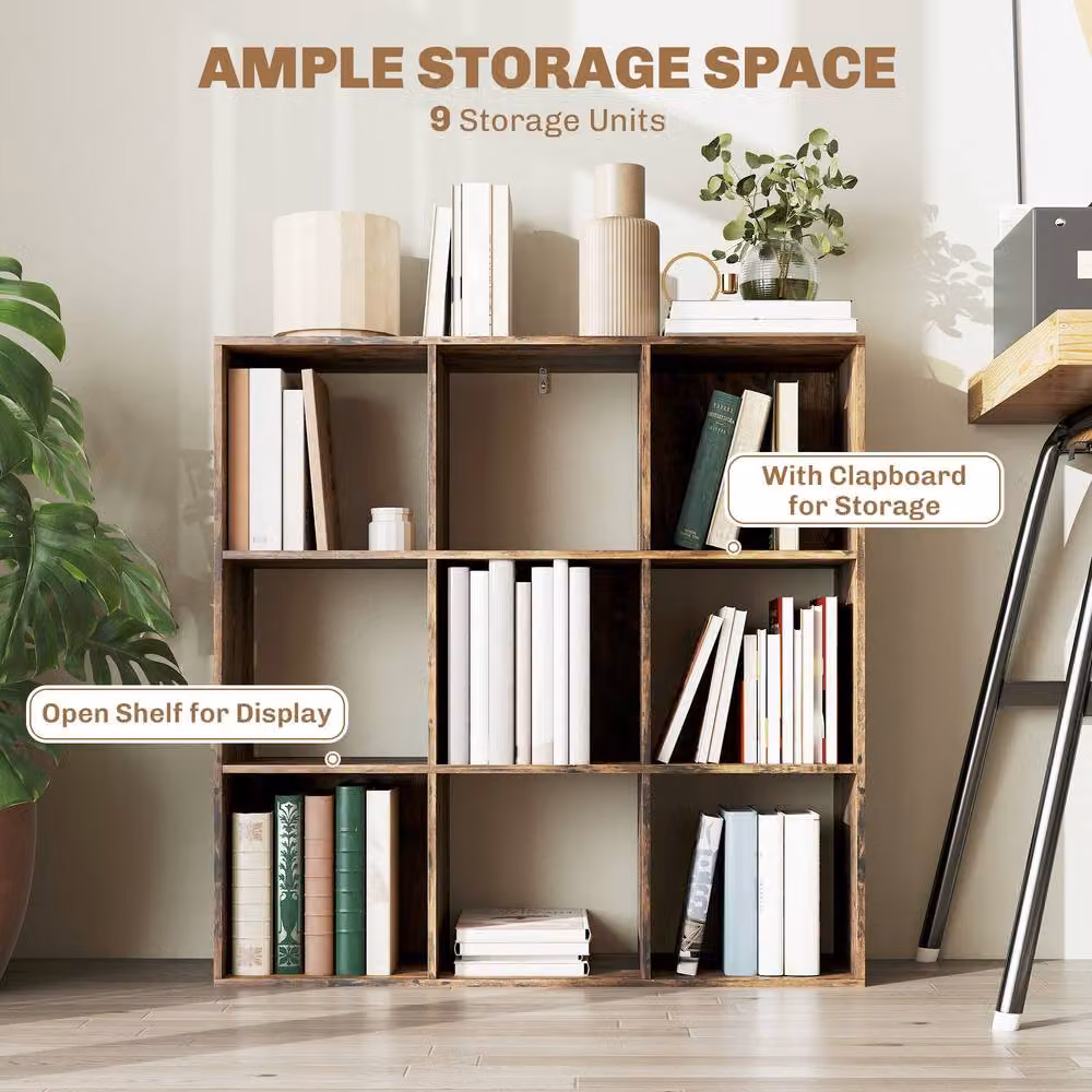 STILVORA Freestanding Storage Shelf with 9 Open Cubes in Rustic Brown – 5