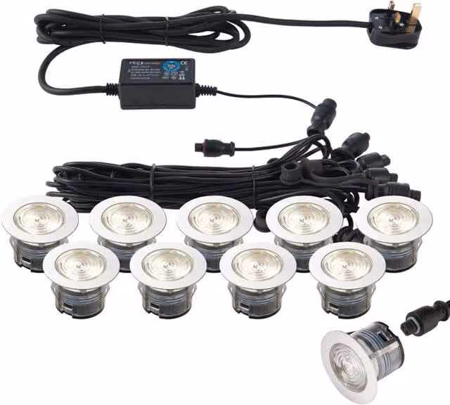 Loops IP67 Colour Changing White LED Decking Plinth Light Kit with 10 Recessed Round Stainless Steel and Plastic Garden Lamps – 1