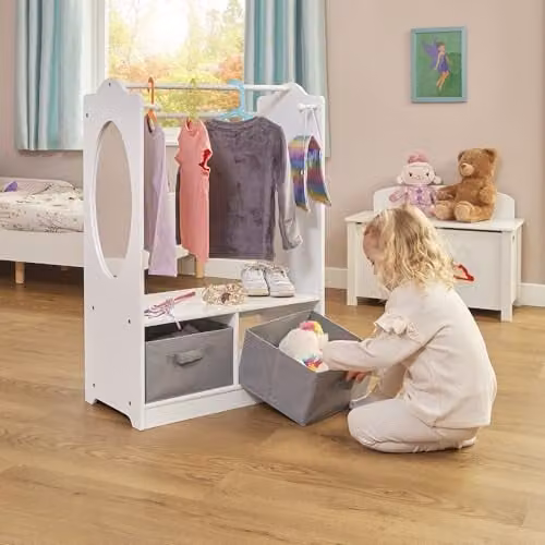 Liberty House Toys Childrens White Wooden Dress Up Station with Grey Storage Bins W/D/H: 90.0 x 63.0 x 30.0 cm