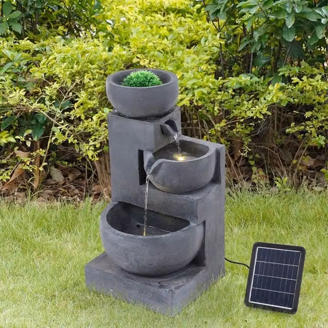 Livingandhome Solar-Powered Freestanding Outdoor Water Fountain in Grey Stone Finish