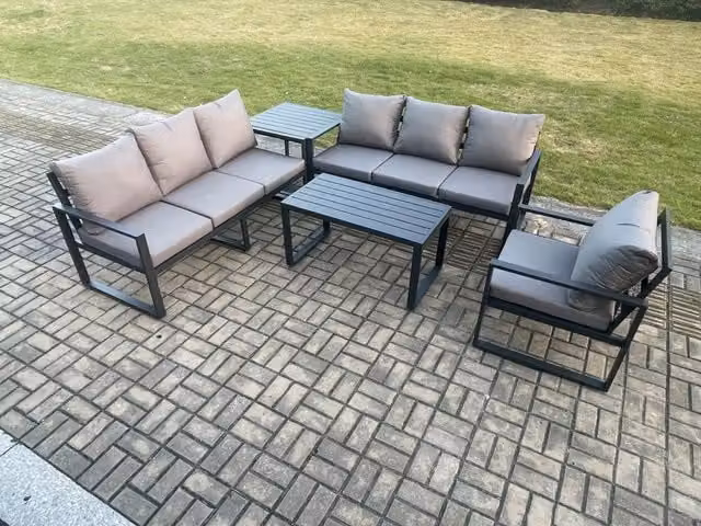 Fimous 7 Seater Aluminium Garden Furniture Set in Dark Grey with L-Shape Sofa, Coffee Table, Armchairs and Side Table