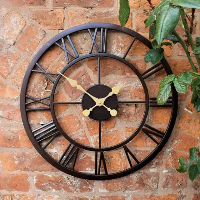 Garden Mile Black Metal Industrial Round Roman Numeral Analog Garden Wall Clock