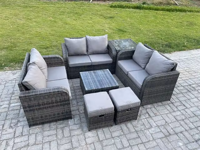 Fimous 8 Seater Grey Polyrattan Garden Furniture Set with U-Shape Sofa, Love Seat, Square Coffee Table and 2 Footstools