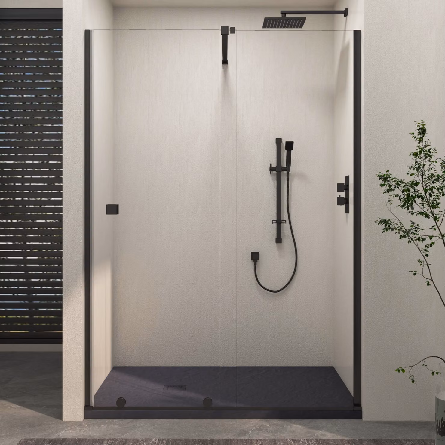 Royal Bathrooms Luton Recessed Sliding Shower Screen with Grey Slate Effect Mineral Cast Stone Shower Tray, Matt Black, W: 160 cm, D: 70 cm, H: 195 cm, 8mm Glass