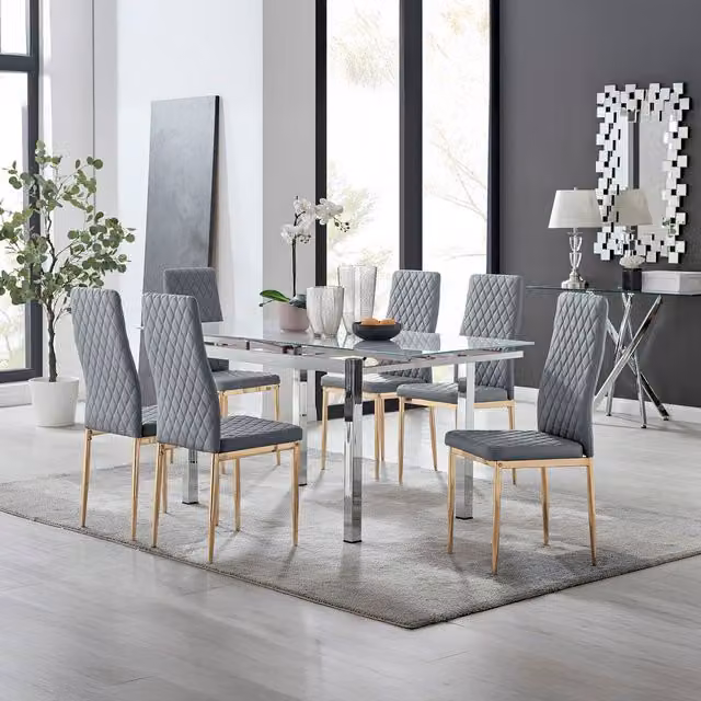 FurnitureboxUK Enna White Glass Extending Dining Table and 6 Grey Milan Chairs with Gold Legs
