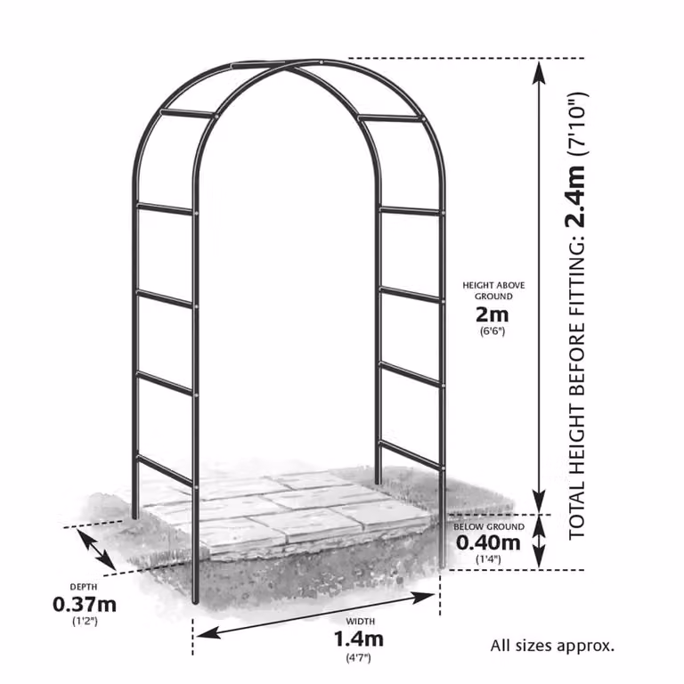 Nordara Heavy Duty Metal Garden Arch Trellis in Black, H 200 cm x W 140 cm x D 37 cm