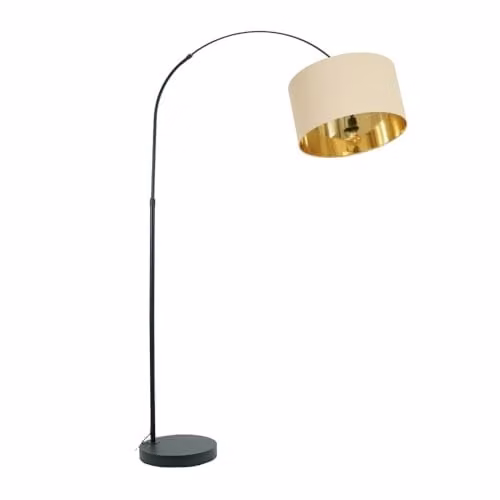 ValueLights Black Metal Arched Floor Lamp with Beige and Gold Fabric Drum Shade and LED Bulb