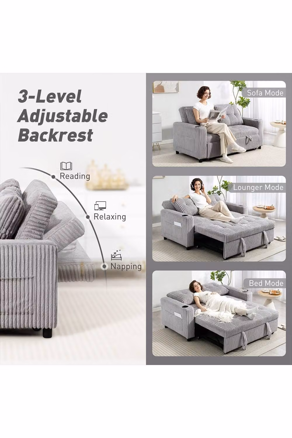 ERGOVEXA 2 Seater Click Clack Sofa Bed in Grey Velvet with Pull Out Design and Scatter Cushions – 2