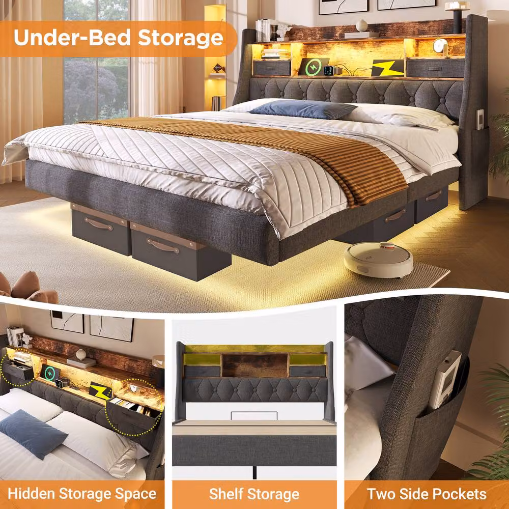 ModernLuxe Grey Upholstered Floating Super King Bed with LED Lighting, USB Charging Port and Storage Headboard W/D/H: 180 x 200 cm – 4