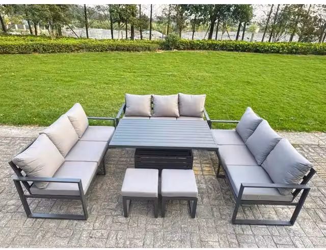 Fimous 11-Seater Aluminium U-Shaped Dining Set with Height-Adjustable Lifting Table and 2 Stools in Matt Dark Grey